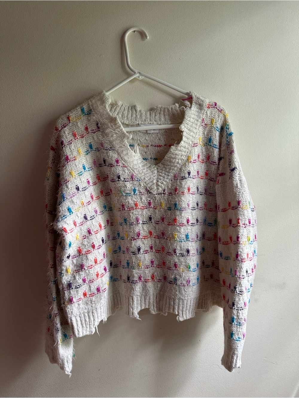 White V-Neck Sweater with Multicolor Stitching